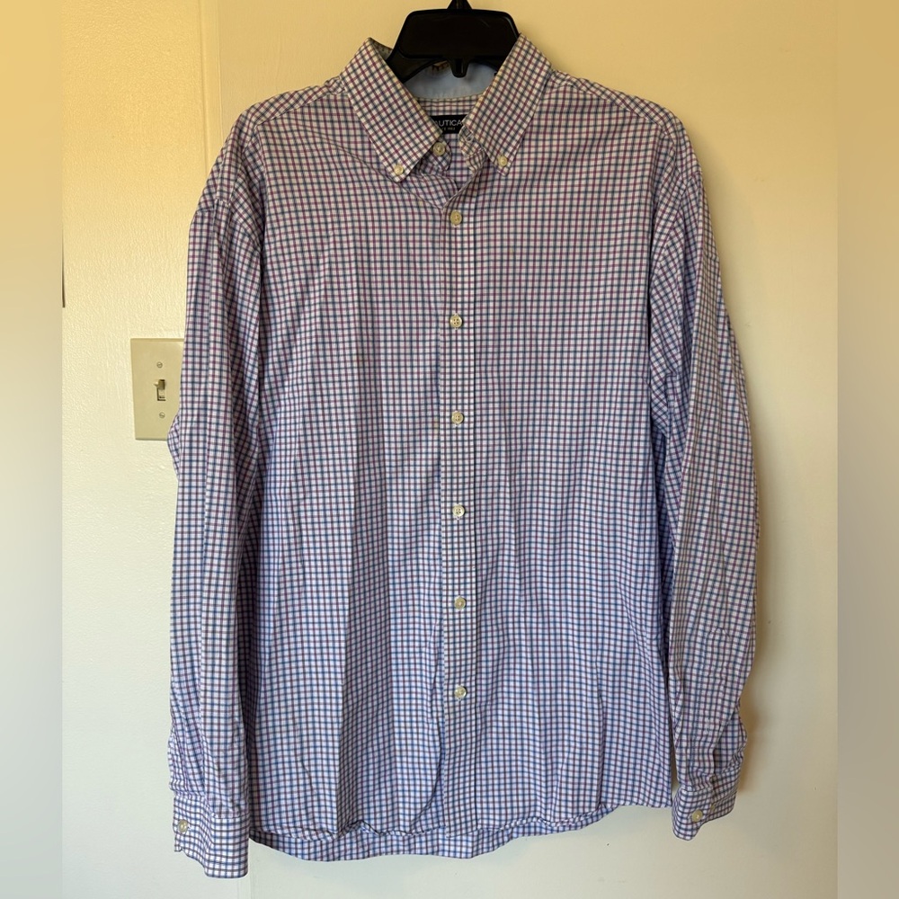 Nautica Men's Purple and White Checkered Shirt
